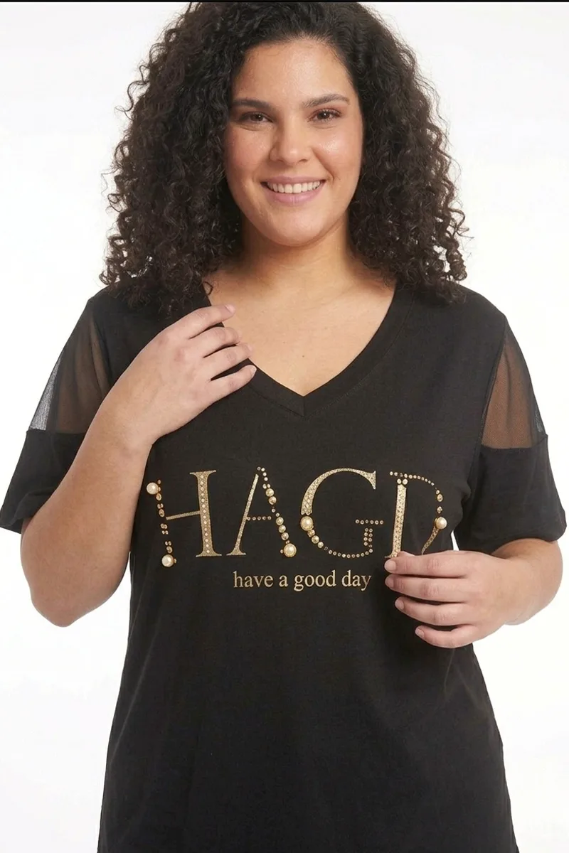 Μπλούζα με στρας και πέρλες σε μαύρο χρώμα plus size