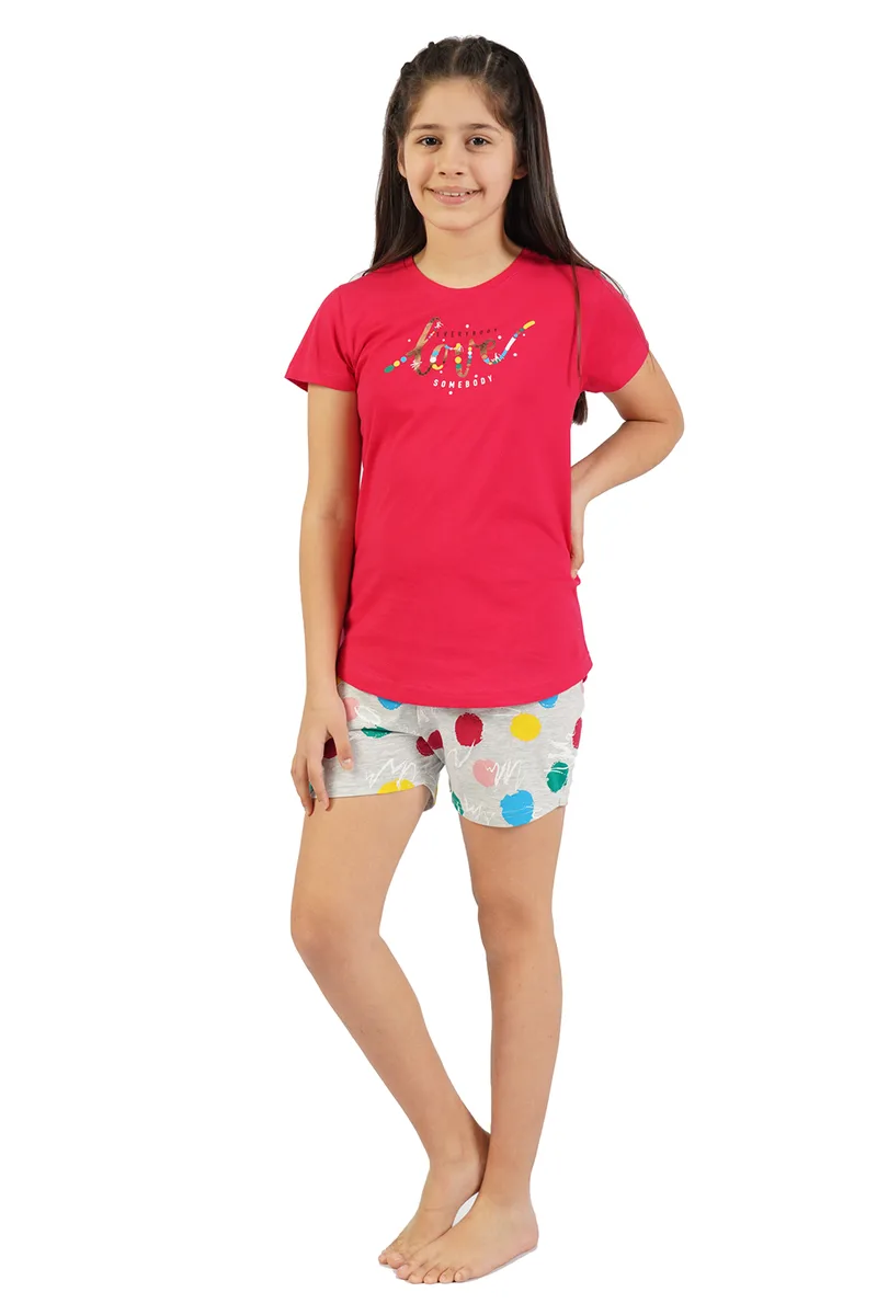 Vienetta Kids Εφηβική καλοκαιρινή βαμβακερή πυτζάμα για κορίτσια "Everybody Love Somebody" κοντομάνικη με σορτσάκι (9-16 ετών)-012292b