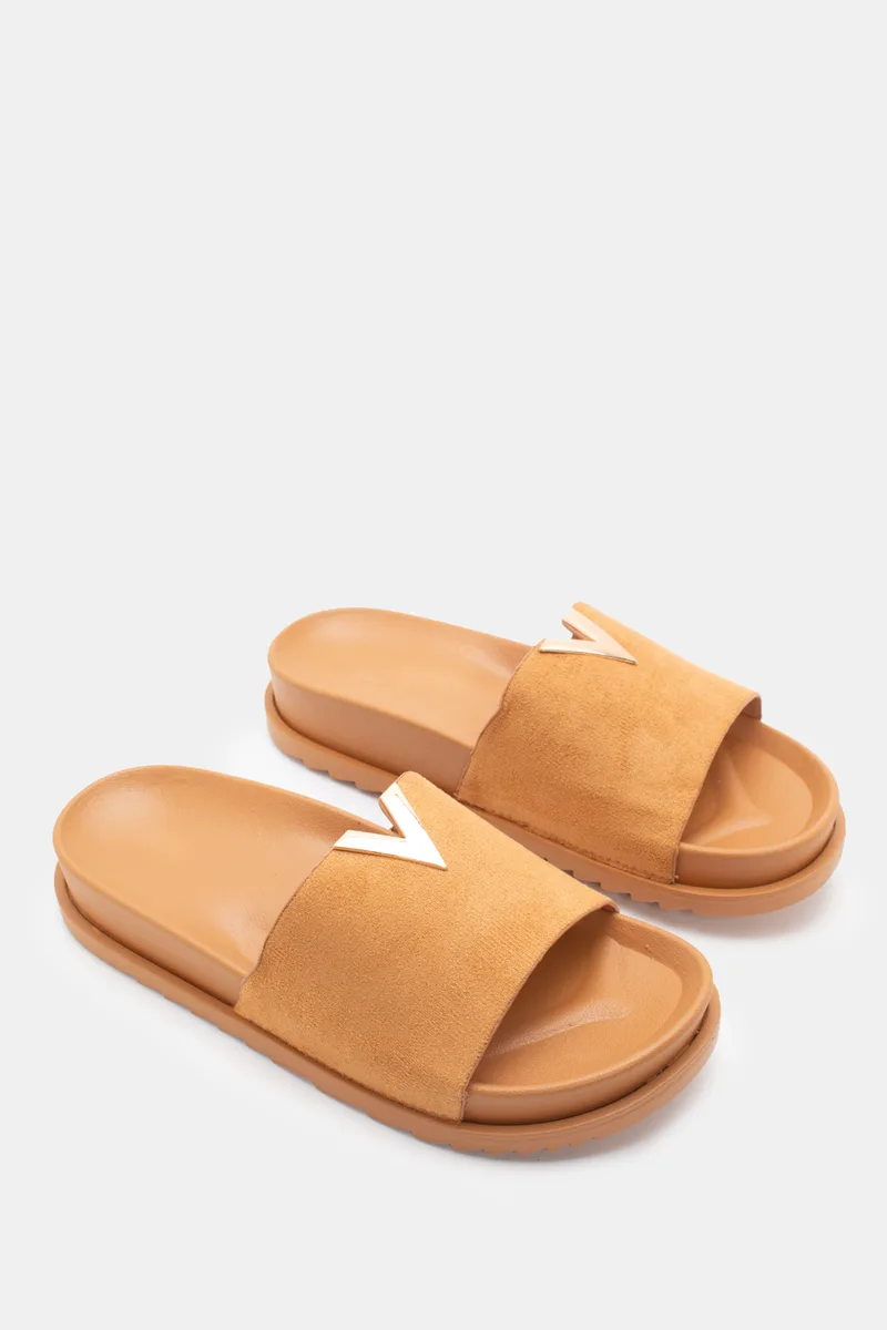 Flatform Σανδάλια με Μεταλλική Λεπτομέρεια V - Κάμελ