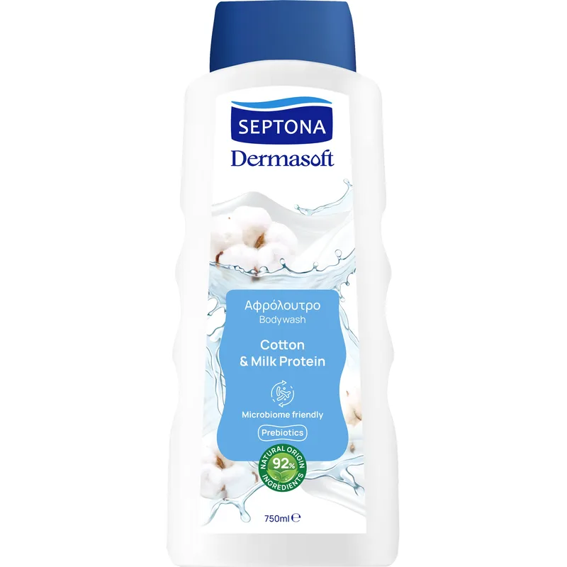 Septona Dermasoft Bodywash Cotton & Milk Protein Αφρόλουτρο Εμπλουτισμένη με Οργανικό Εκχύλισμα Βαμβακιού, Πρωτεΐνη Γάλακτος & Πρεβιοτικά 750ml