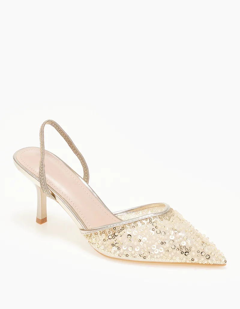 Slingback γόβες με διακοσμητικές χάντρες και πούλιες - Χρυσό