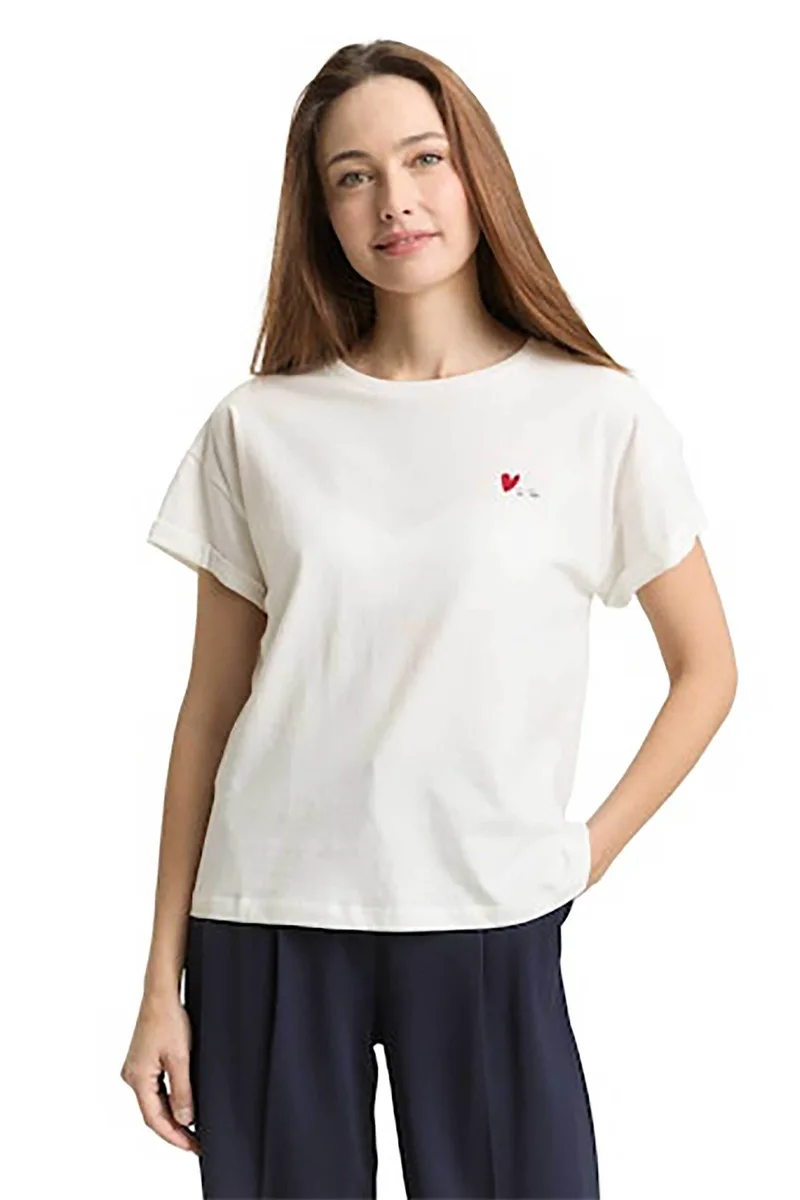 Tom Tailor γυναικείο T-shirt με κέντημα Regular Fit - 1050846 Λευκό