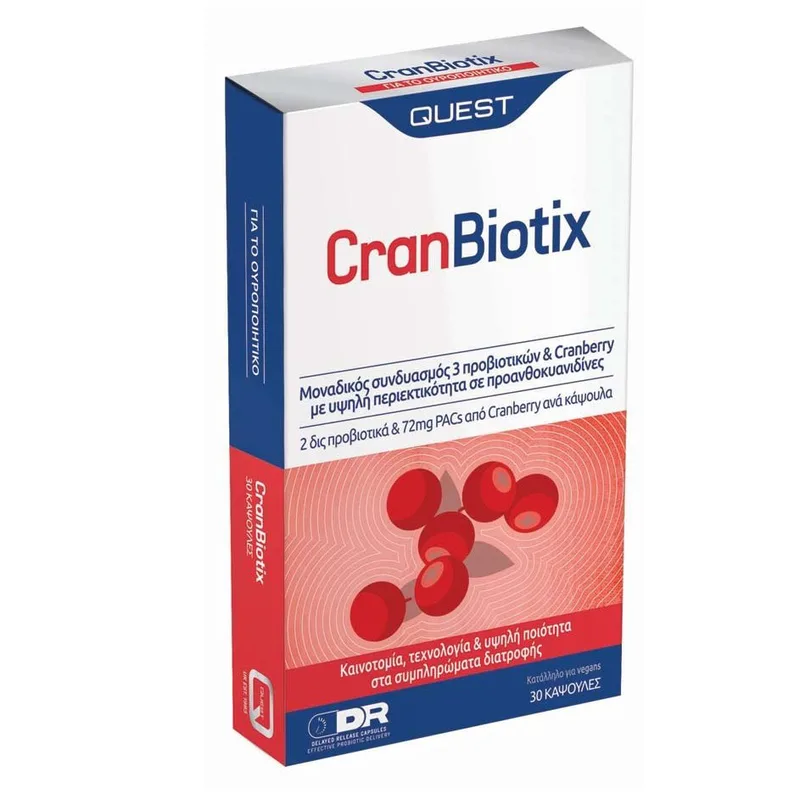 Quest CranBiotix Συμπλήρωμα Διατροφής με Προβιοτικά & Εκχύλισμα Cranberry για την Αντιμετώπιση Λοιμώξεων του Ουροποιητικού & Ενίσχυση της Μικροβιακής Χλωρίδας του Εντέρου & του Κόλπου 30caps