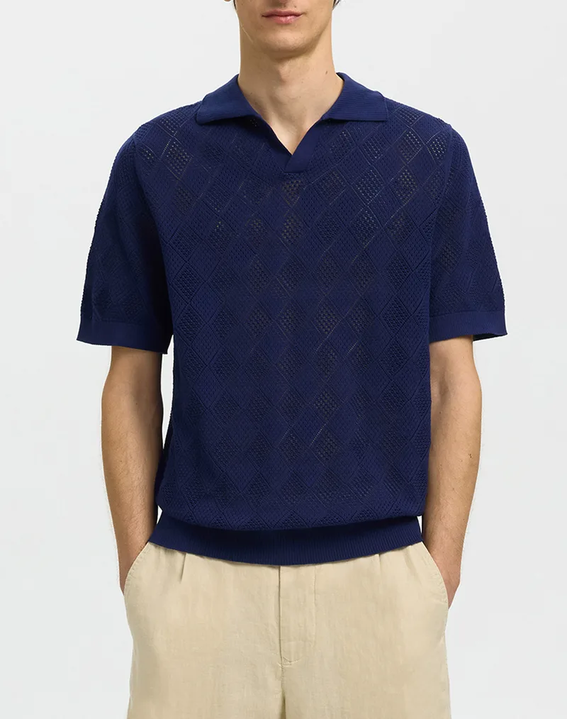 SELECTED SLHARCO SS KNIT STRUCTURE OPEN POLO 16101365-Ocean Cavern NavyBlue
