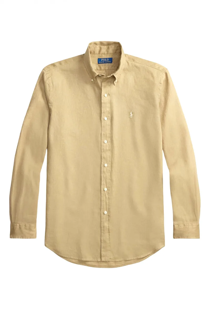 RALPH LAUREN ΠΟΥΚΑΜΙΣΟ ΛΙΝΟ BUTTON DOWN CUSTOM FIT LOGO ΣΚΟΥΡΟ ΜΠΕΖ