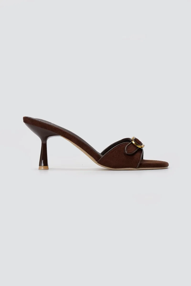 Stephan Slim Heel Mules Buckle Strap - P-1492 - Brown Suede