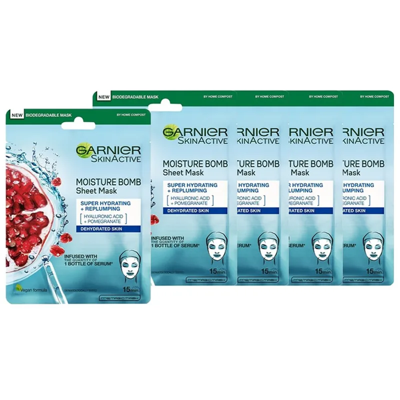 Garnier Promo Skinactive Moisture Bomb Sheet Mask Υφασμάτινη Μάσκα Ενυδάτωσης Προσώπου με Ρόδι & Υαλουρονικό Οξύ 5x32g