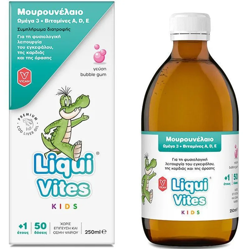 Vican Liqui Vites Μουρουνέλαιο Ωμέγα 3 & Βιταμίνες A, D & E Συμπλήρωμα Διατροφής για τη Φυσιολογική Λειτουργία του Εγκεφάλου,της Καρδίας & της Όρασης 250ml