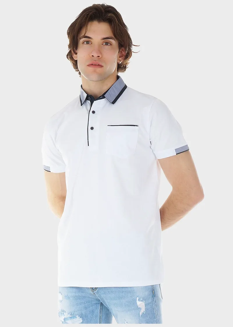 Ανδρική μπλούζα τύπου polo με τσέπη σε Oversize γραμμή. ΛΕΥΚΟ