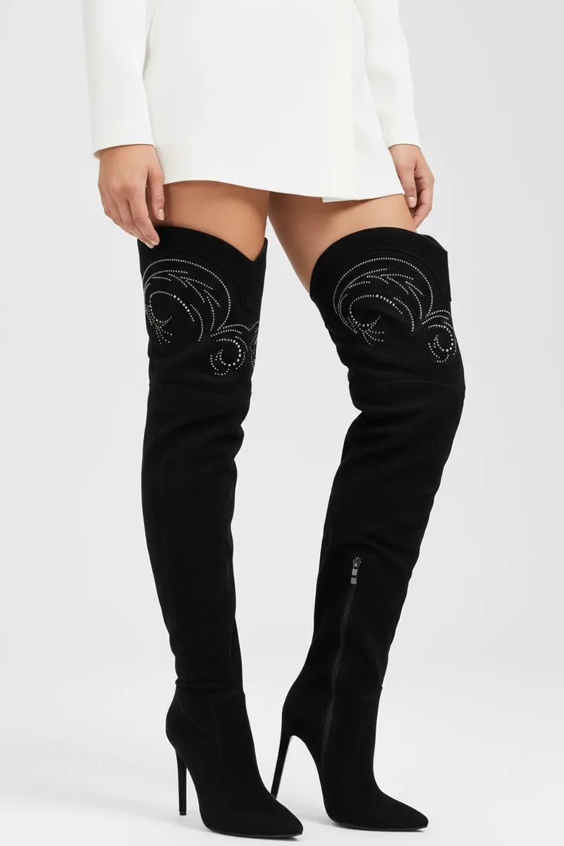 Μπότες Μυτερές Over the Knee με Strass - Μαύρο