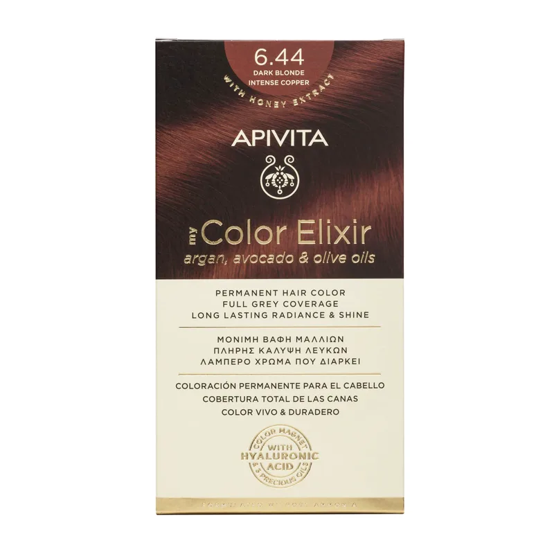 Apivita My Color Elixir Permanent Hair Color Μόνιμη Βαφή Μαλλιών Χωρίς Αμμωνία που Σταθεροποιεί & Σφραγίζει το Χρώμα 1 Τεμάχιο - 6.44 Ξανθό Σκούρο Έντονο Χάλκινο