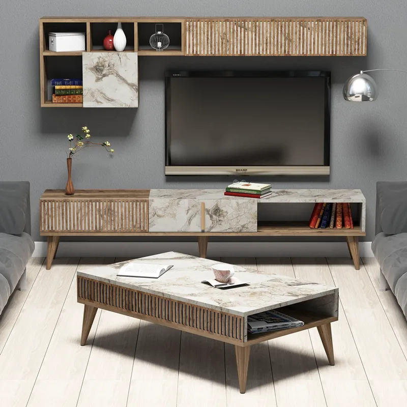 Σετ Επίπλων Σαλονιού Milan - Walnut, White Marble 845Hct5253 (180x40x35 cm)