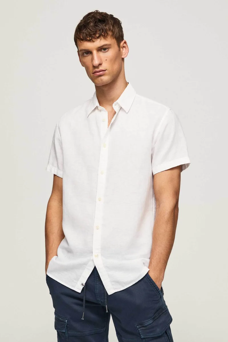 Pepe Jeans ανδρικό πουκάμισο μονόχρωμο με κεντημένο λογότυπο στο στήθος "Parker" - PM307794 Λευκό