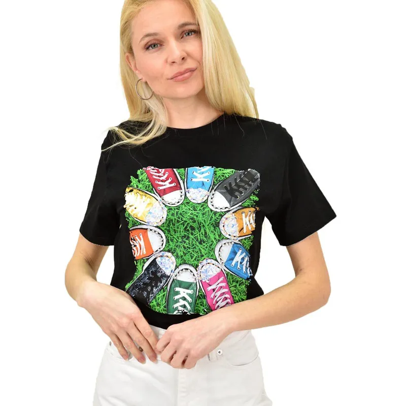 Γυναικείο T-shirt με τύπωμα παπούτσια και στρας Μαύρο 14733