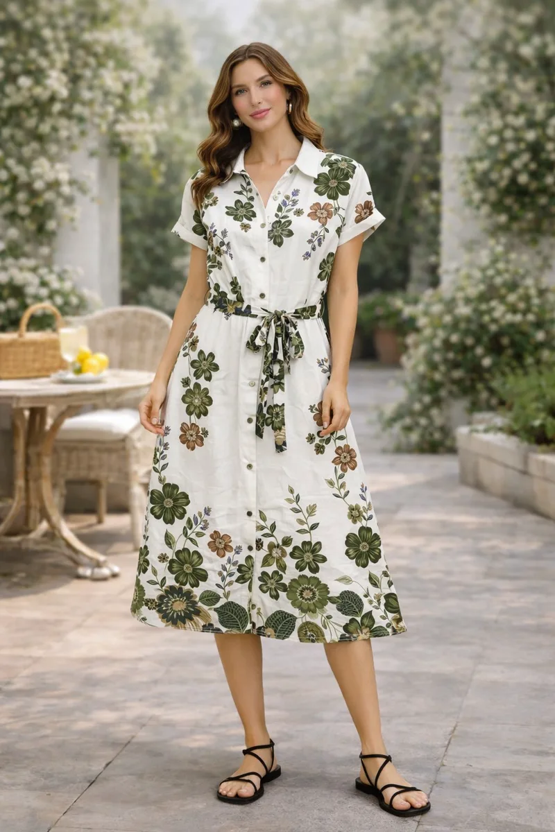 Φόρεμα Maxi Floral Με Ζώνη Χακί