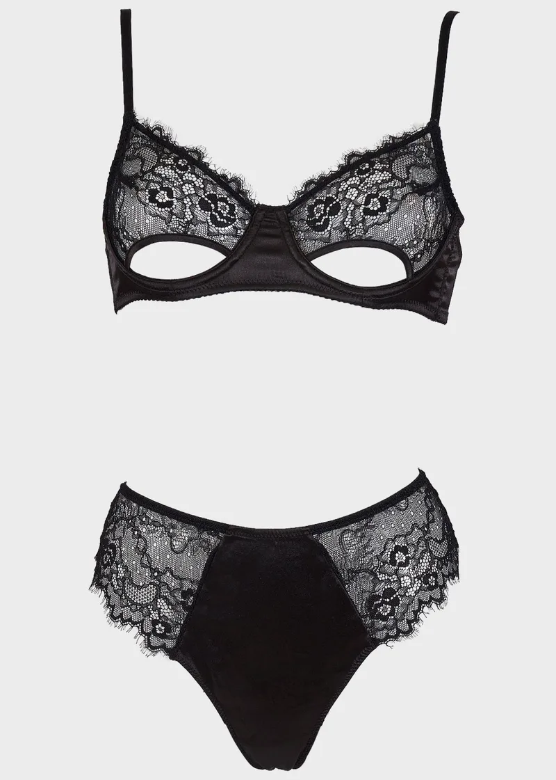 Γυναικείο σετ sexy bralette δαντέλα cut-out brazil saten δαντέλα ιδιαίτερη πίσω όψη ΜΑΥΡΟ