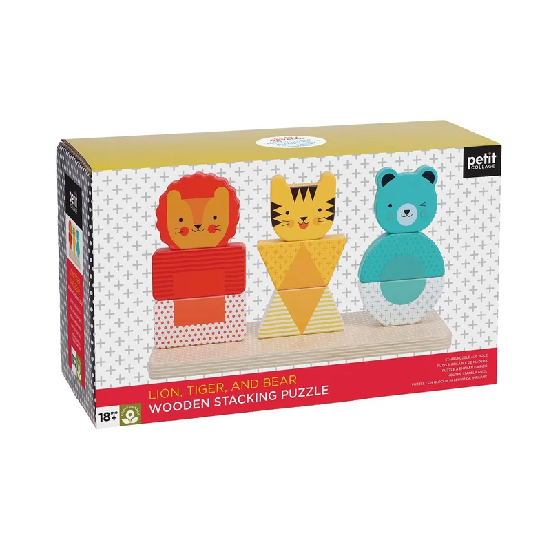 Ξύλινο παζλ στοίβαξης Petit Collage - Lion, Tiger, and Bear