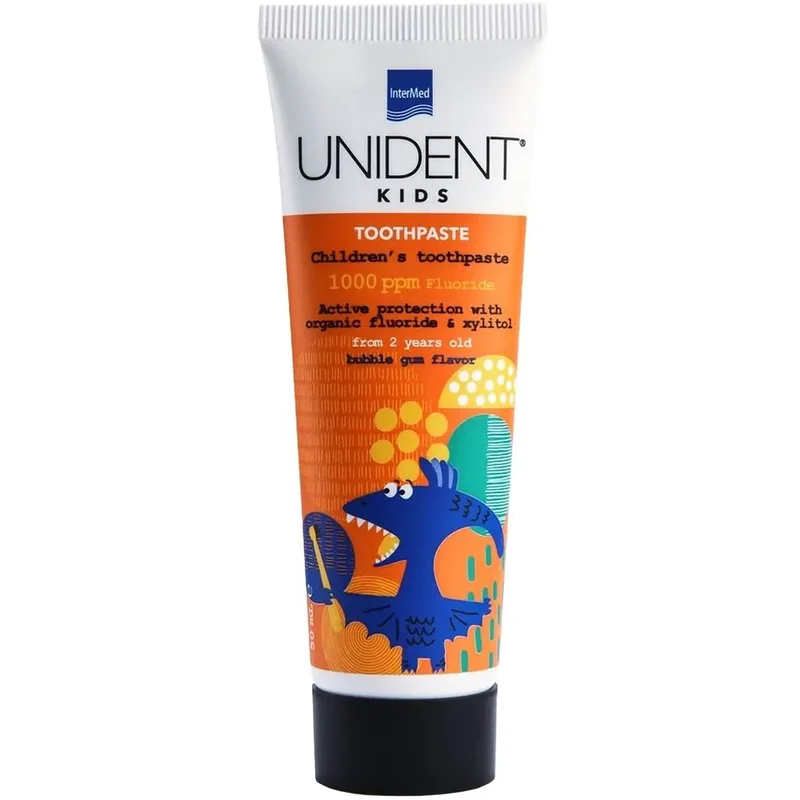 Intermed Unident Kids Toothpaste 1000ppm Fluoride 2+ Years Bubblegum Flavor Φθοριούχος Παιδική Οδοντόκρεμα με Γεύση Τσιχλόφουσκας 50ml