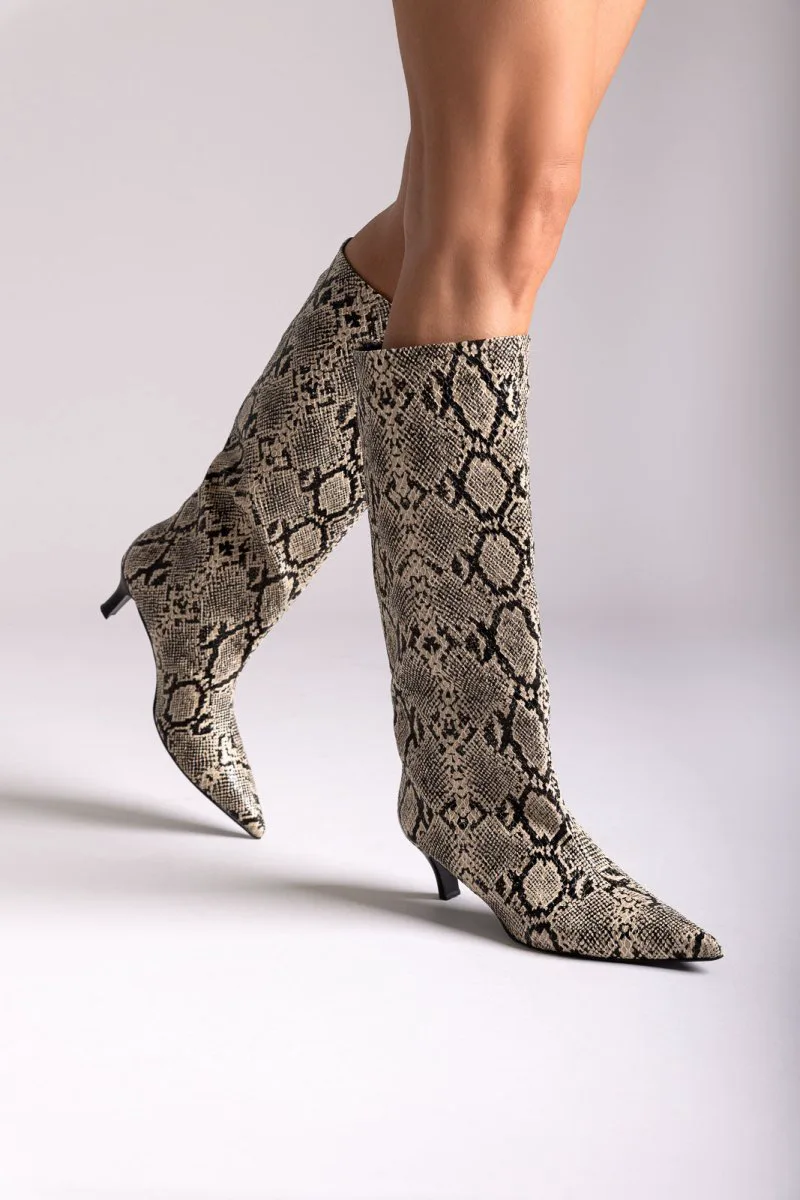 TFP Kitten Heel Boots - 194 - Ivory Black Snake Print