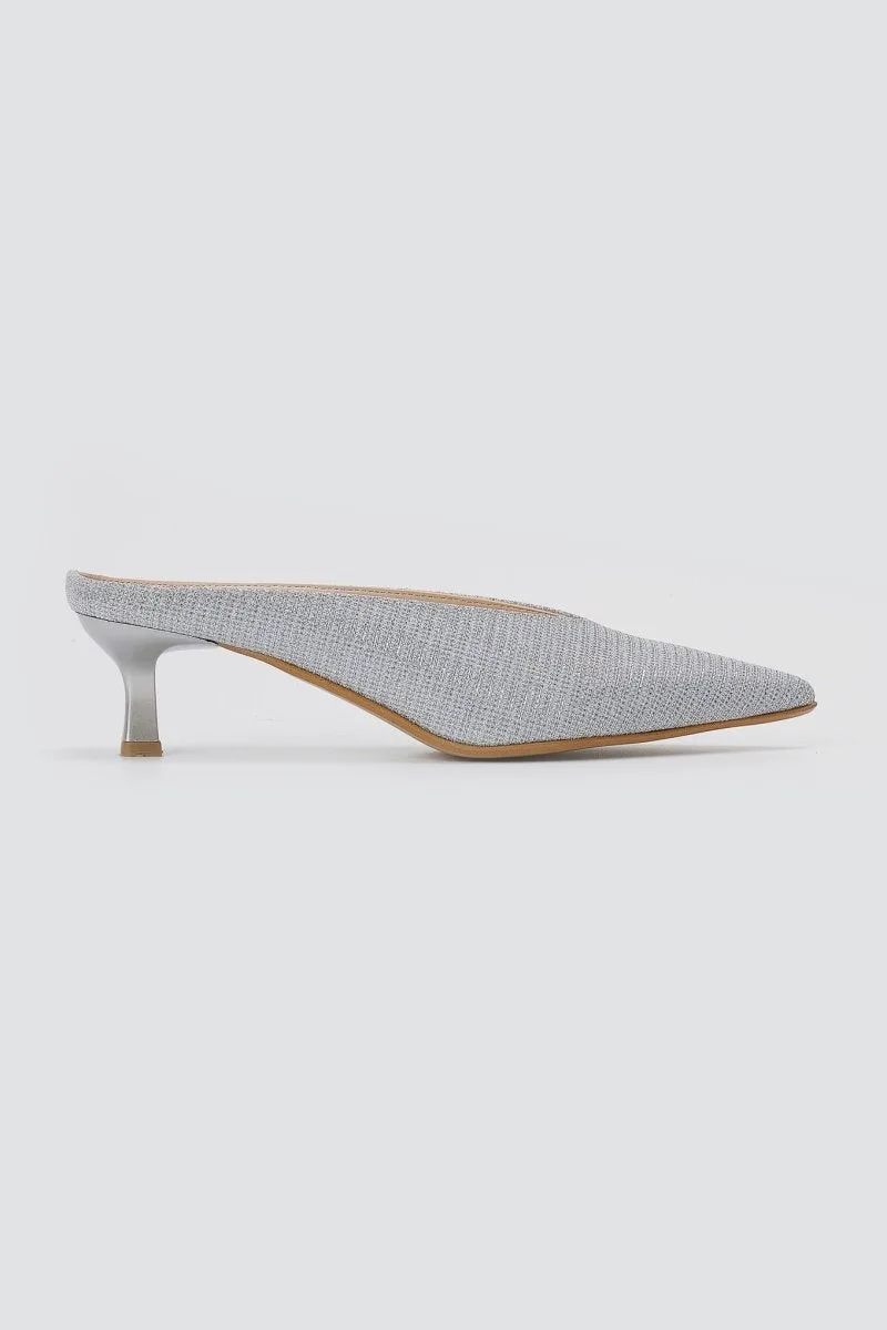TFP V Cut Kitten Heel Mules - 344 - Silver Lurex