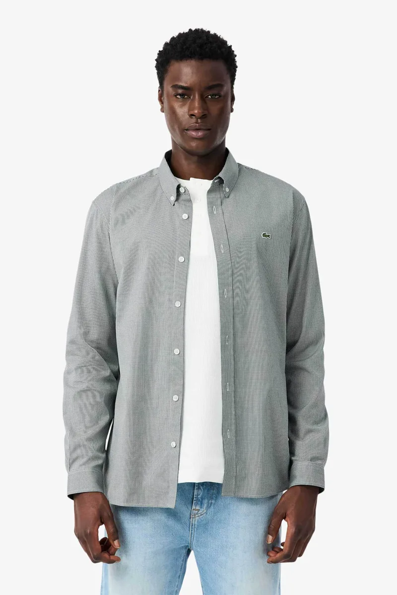 Lacoste ανδρικό πουκάμισο button down με ψιλό καρό σχέδιο και λογότυπο Regular Fit - CH2433 Πράσινο Σκούρο