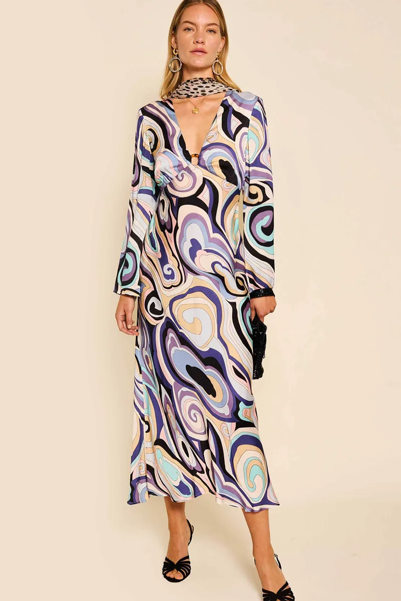 Rixo γυναικείο midi φόρεμα σατέν με print "Terri" - 010.00494.125.06248 Λιλά