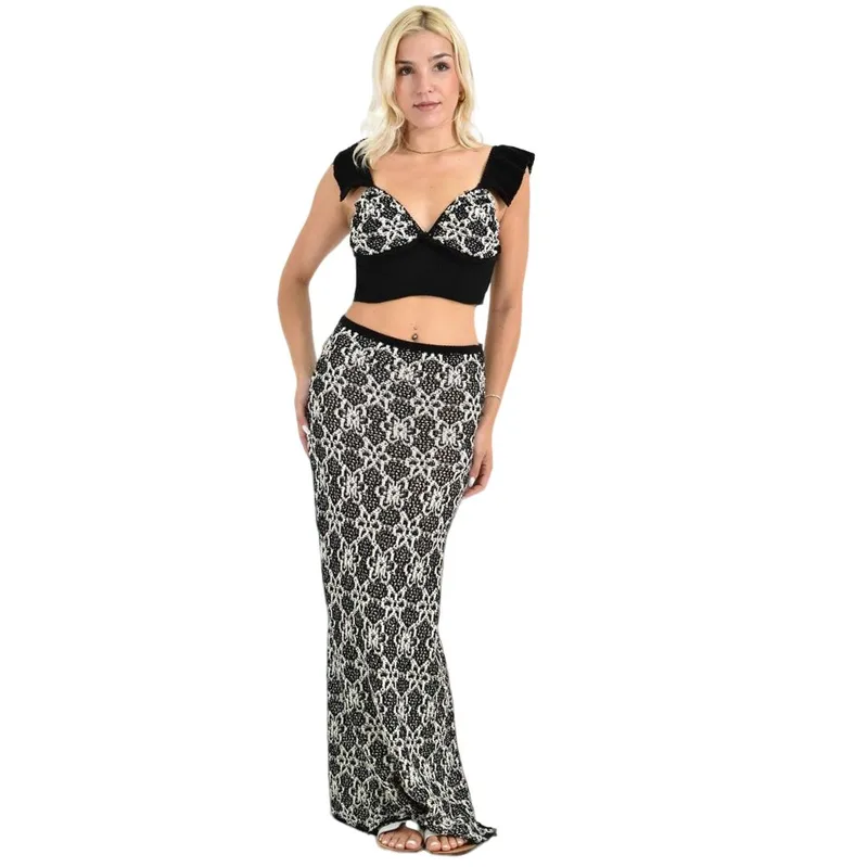 Σετ Πλεκτό Crop Top & Maxi Φούστα με Δαντελένιο Μοτίβο Μαύρο 26594