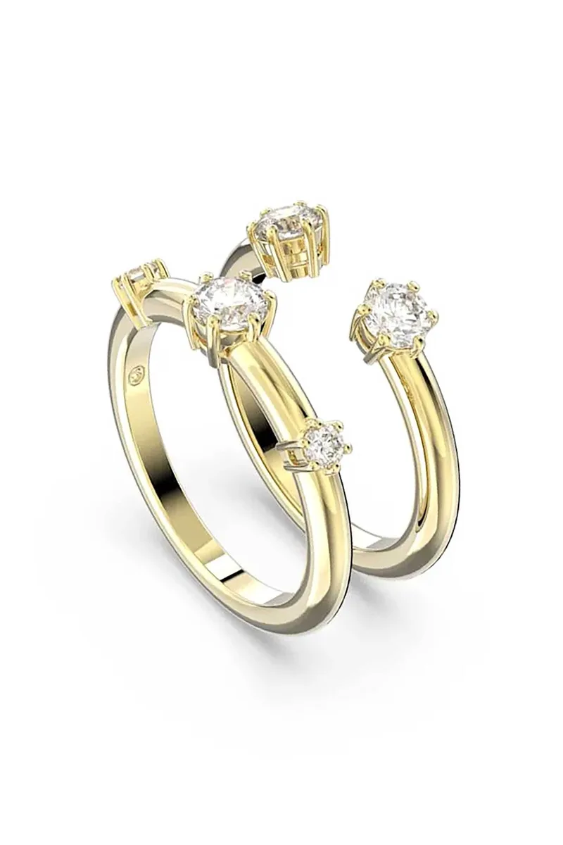Swarovski γυναικείο δαχτυλίδι σετ (2), στρογγυλή κοπή, λευκό, επιμετάλλωση σε χρυσαφί τόνο "Constella" (50) - 5640967