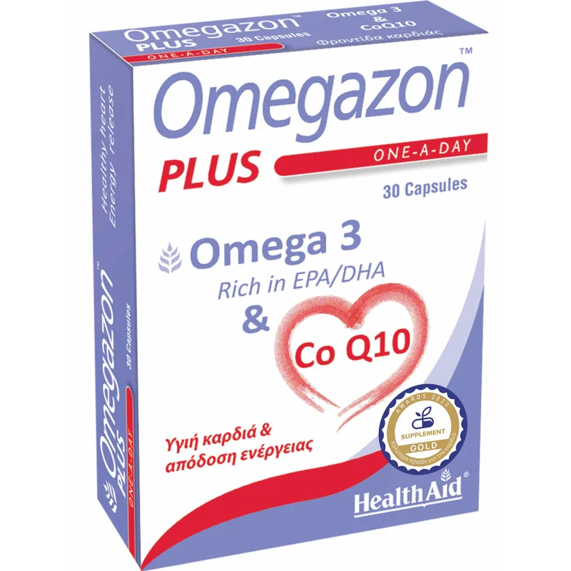 Health Aid Omegazon Plus Ω3 & Co Q10 Συμπλήρωμα Διατροφής Ιχθυελαίων Πλούσιο σε Ω3 Λιπαρά Οξέα & Συνένζυμο Q10 για την Καλή Υγεία της Καρδιάς & Ενέργεια 30caps