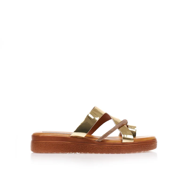 Flatforms χρυσά λουστρίνι με σχέδιο δαχτυλίδι και λουράκι από στρας ΧΡΥΣΟ