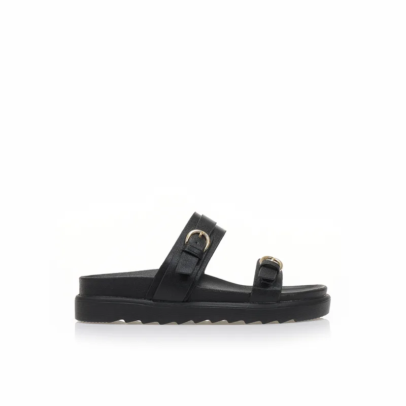 Flatforms μαύρα δερματίνη με διπλή φάσα ΜΑΥΡΟ