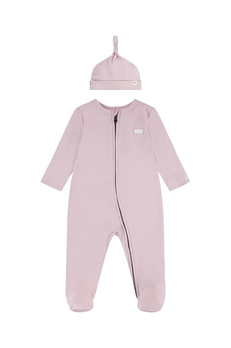 Levi's Βρεφική βαμβακερή ρόμπα Levi's LVN FOOTED COVERALL & HAT SET