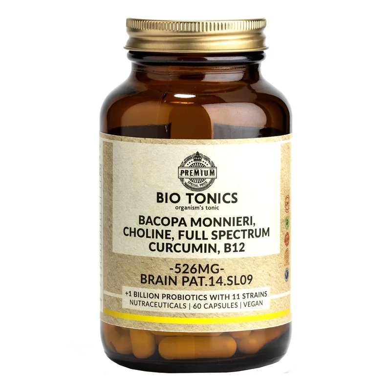 Bio Tonics Bacopa Monnieri, Choline, Full Spectrum Curcumin, B12 Συμπλήρωμα Διατροφής Φυτικών Εκχυλισμάτων, Βιταμινών & Προβιοτικών για Ενίσχυση των Εγκεφαλικών Διεργασιών, Ισχυρή Μνήμη & Πνευματική Διαύγεια 60caps
