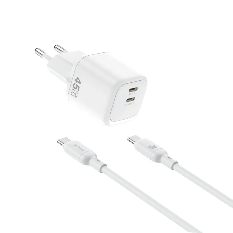 WiWU Cube 45W GaN 2x USB-C GaN Fast Charger with Cable White (G025)