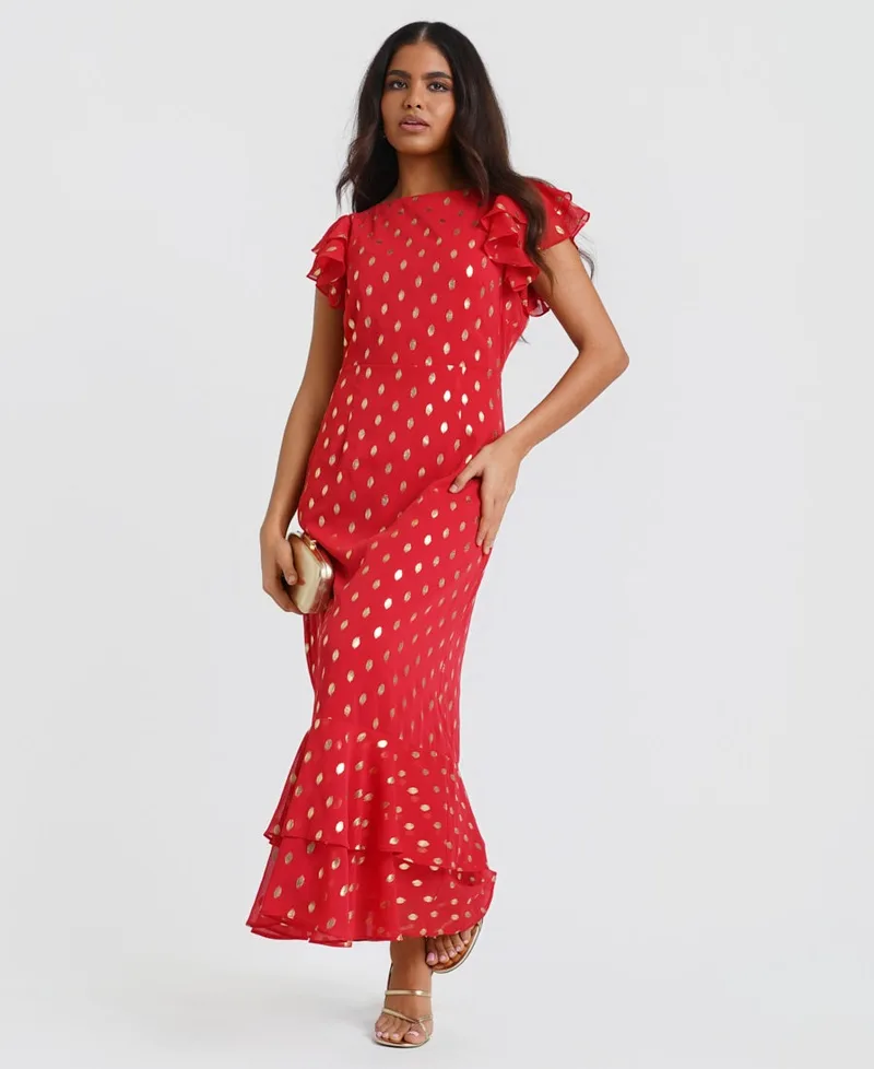 Red Flutter Sleeve Foil Midaxi Dress | Size: 14