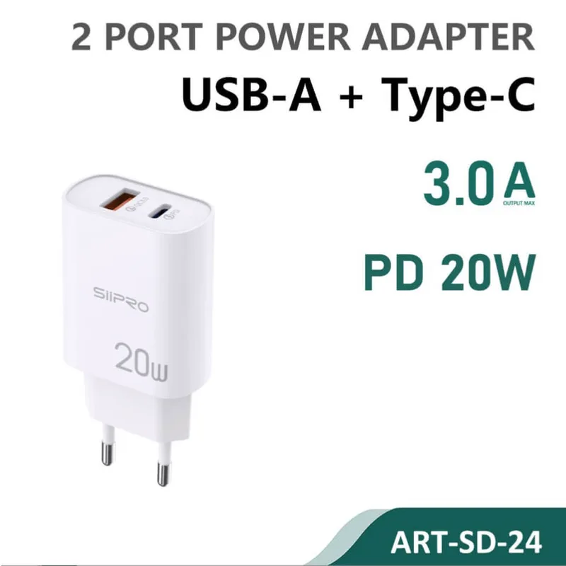 Siipro Wall Charger 1x USB 1x USB Type-C 20W White (SD-24)