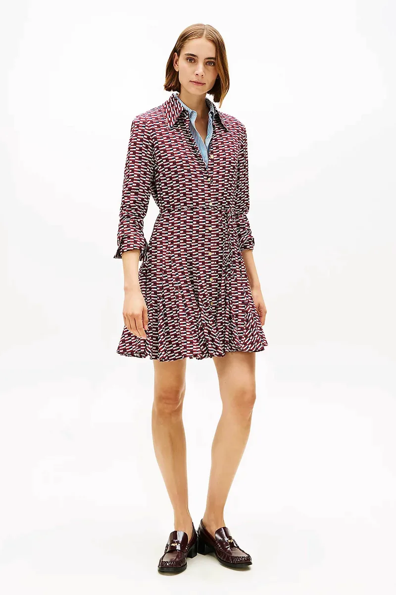 Tommy Hilfiger γυναικείο mini φόρεμα σεμιζιέ με all-over flag logo pattern Slim Fit - WW0WW48629 Μπορντό