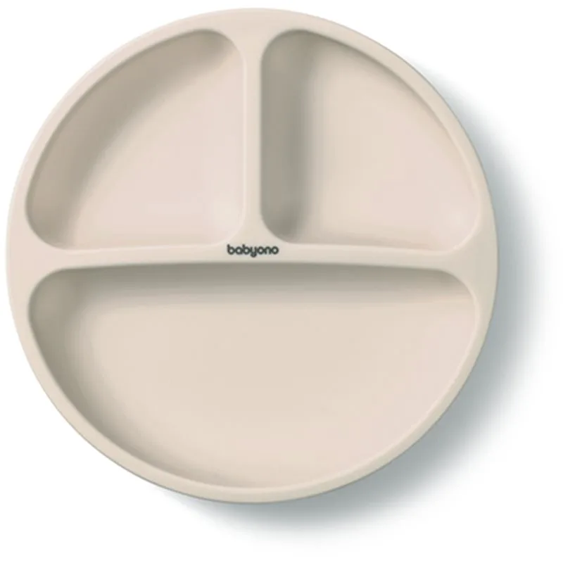 BabyOno Siilicone Plate 6m+ πιάτο με χωρίσματα με βεντούζα Μπεζ 1 τμχ