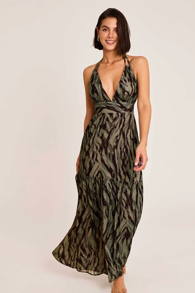 Selmark γυναικείο maxi αμάνικο φόρεμα με all-over print - SELM-BO095-126 Χακί