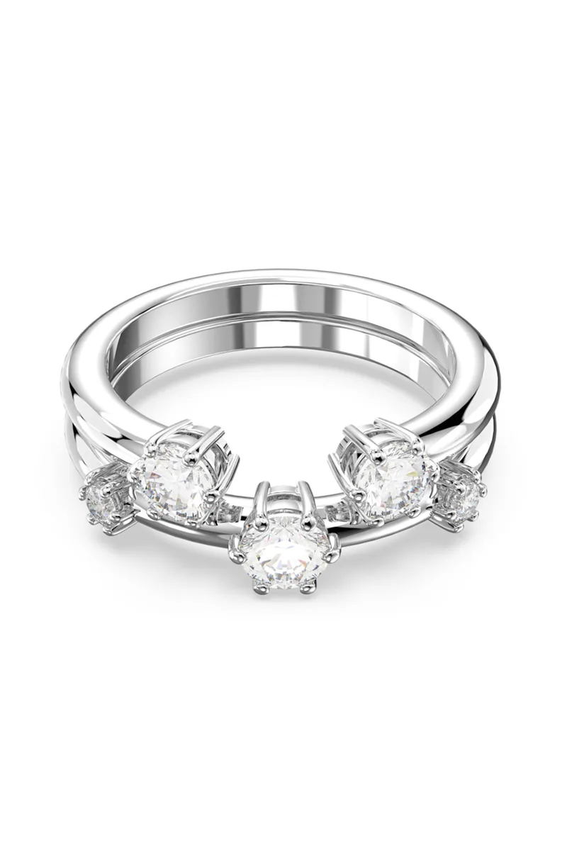 Swarovski δαχτυλίδι σετ, στρογγυλή κοπή, λευκό, επιμετάλλωση ροδίου "Constella" (2 τεμάχια) (58) - 5640962