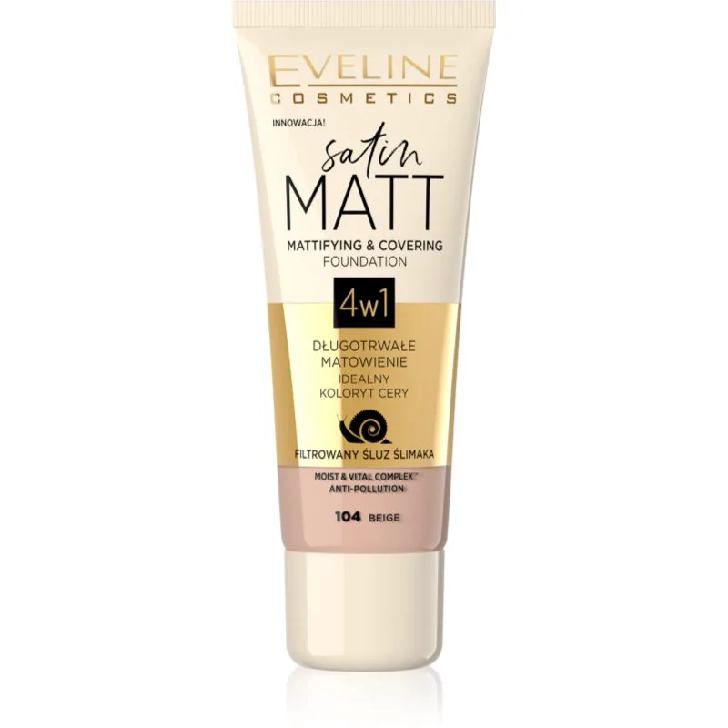 Eveline Cosmetics Satin Matt ματ μεικ απ με εκχύλισμα σαλιγκαριών απόχρωση 104 Μπεζ 30 ml