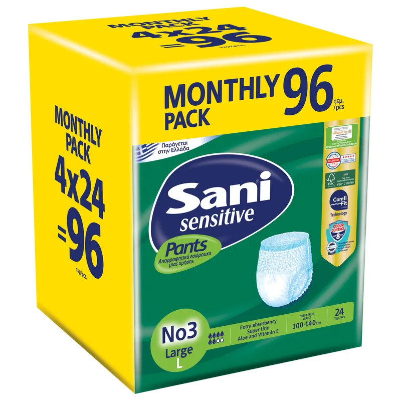Σετ Sani Sensitive Pants Monthly Pack Ελαστικό Εσώρουχο Ακράτειας 96 Τεμάχια (4x24Τεμάχια) - No3 Large 100-140cm