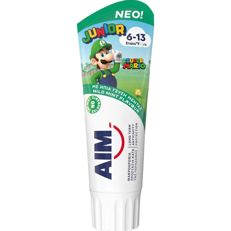 Aim Junior 6-13 Years Super Mario Kids Tootpaste Παιδική Οδοντόκρεμα με Ήπια Γεύση Μέντας που Προσφέρει Μακροχρόνια Προστασία Κατά της Τερηδόνας 75ml