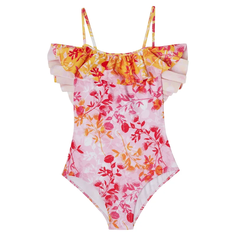 GIRL'S ONE PIECE RUFFLED BOTANICAL MIX