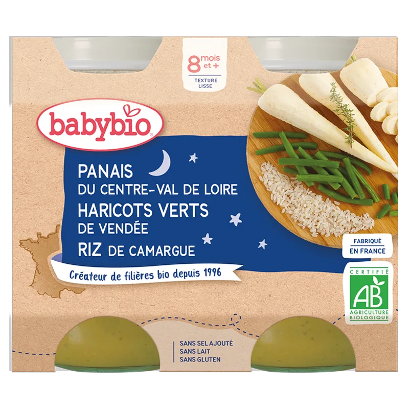 Babybio Dinner Jars - 8 + months - Parsnips, Green Beans, Rice - ORGANIC 2X200G