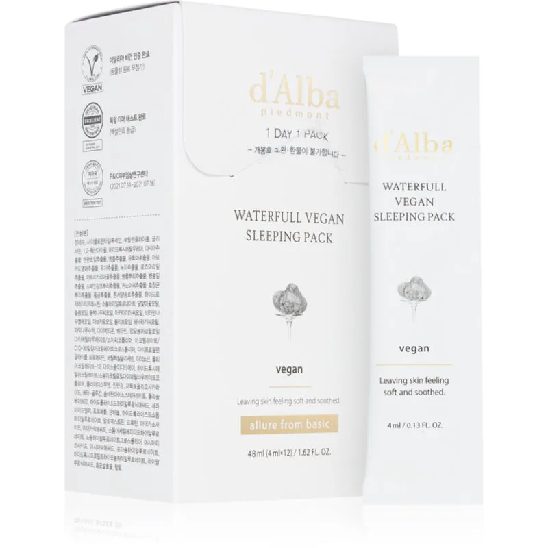 d'Alba Waterfull Vegan Sleeping Pack καταπραϋντική ενυδατική μάσκα νύχτας 4x12 ml
