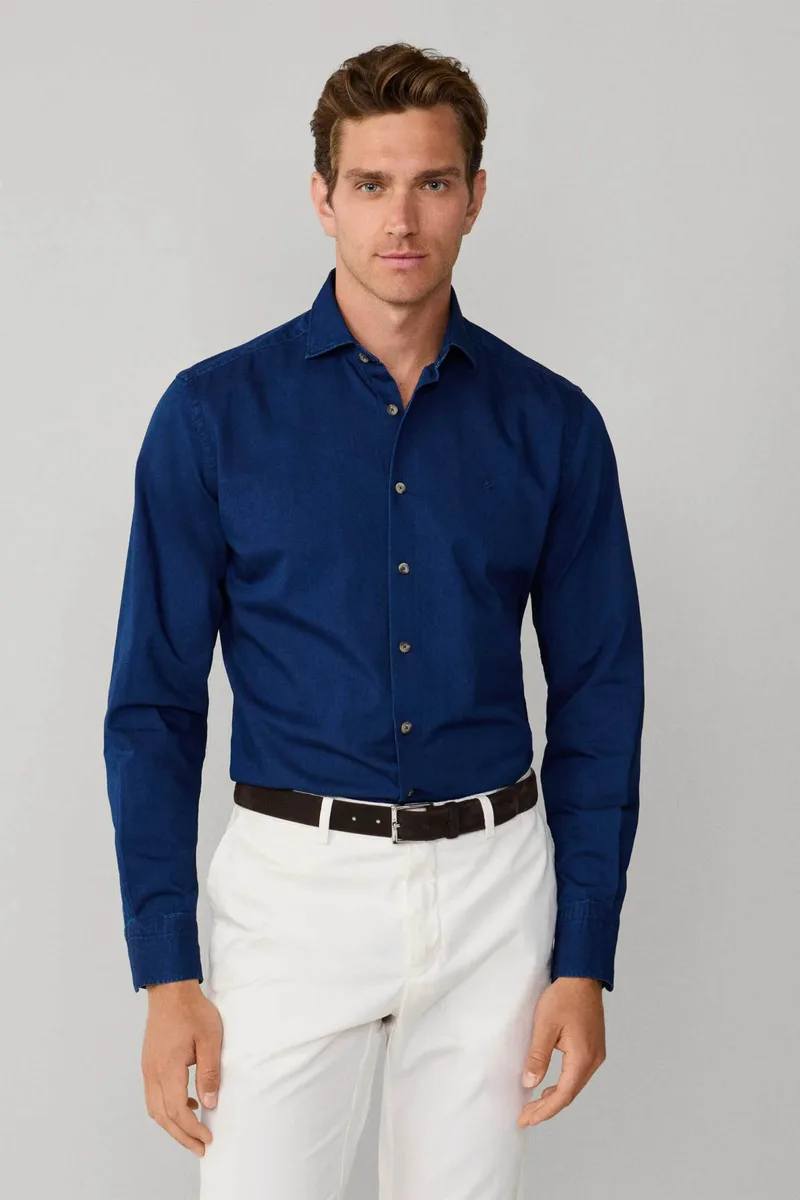 Hackett ανδρικό denim πουκάμισο με κεντημένο λογότυπο Tailored Fit - HM3010534 Μπλε Σκούρο