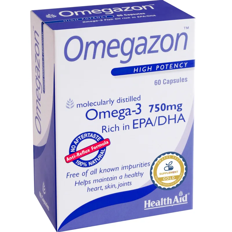Health Aid Omegazon Omega-3 750mg Συμπλήρωμα Διατροφής Συμπυκνωμένου Ιχθυελαίου Πλούσιο σε Ωμέγα 3 & Βιταμίνη Ε για την Καλή Λειτουργία του Καρδιαγγειακού Συστήματος, Ομαλή Αρτηριακή Πίεση & Καλή Όραση Χωρίς Επίγευση Ψαριού 60caps