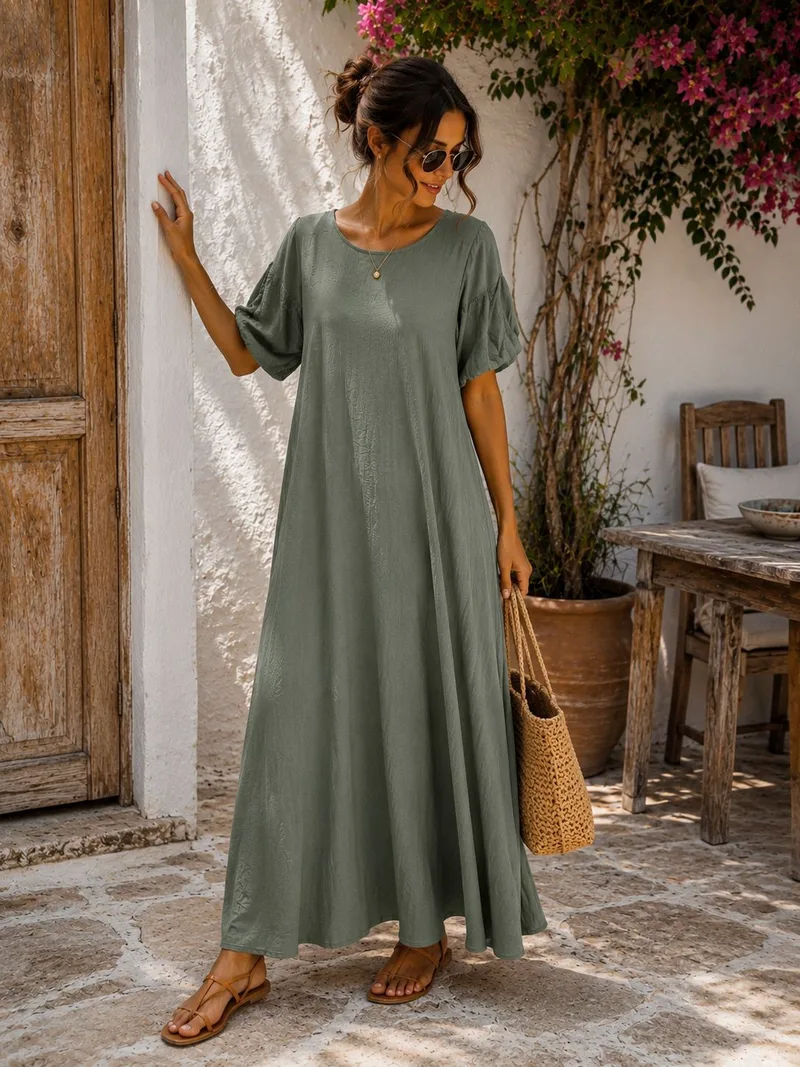 Maxi Oversized Φόρεμα με Balloon Μανίκια & Στρογγυλή Λαιμόκοψη - Χακί | Dress Up Χακί