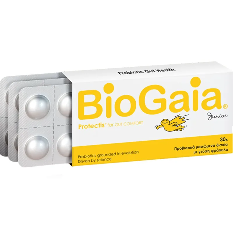 BioGaia Protectis for Gut Comfort Junior Συμπλήρωμα Διατροφής Προβιοτικών για Παιδιά για την Αντιμετώπιση Διάρροιας, Δυσκοιλιότητας & Κοιλιακού Άλγους Κατάλληλο για Παράλληλη Χρήση με Αντιβιοτικά με Γεύση Φράουλα 30 Chew.tabs - Strawberry